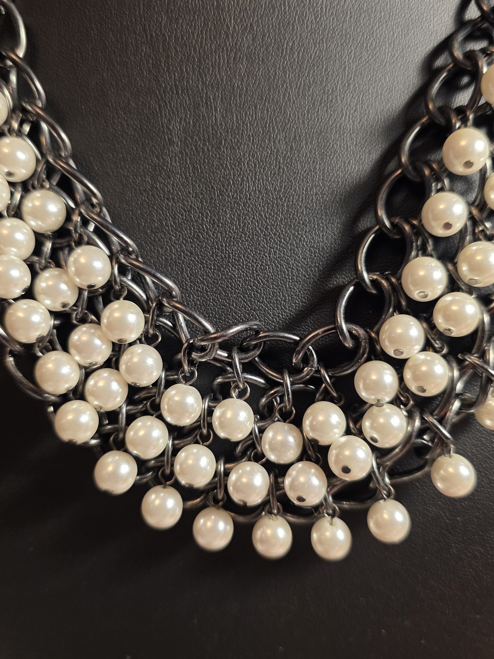 Edgy Gun Metal Black Chain Metal Necklace With Faux White Pearls.